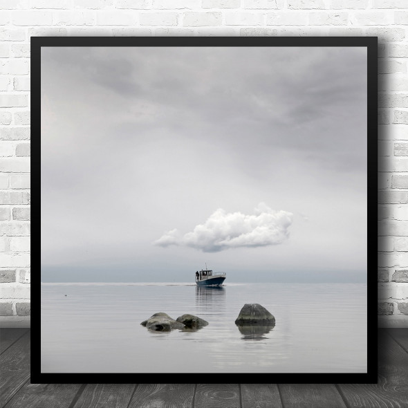 Peaceful Sailboat Grey Skies Lonely Sea Ocean Square Wall Art Print