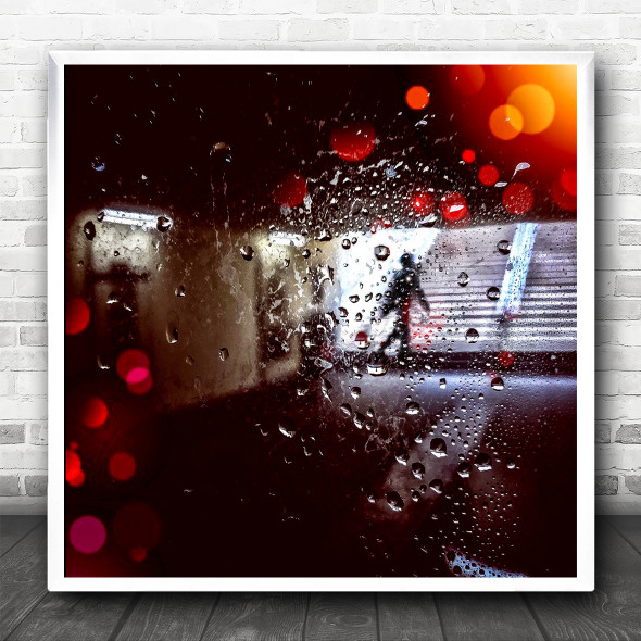 Underpass Night Stairway Bokeh Rain On Window Square Wall Art Print