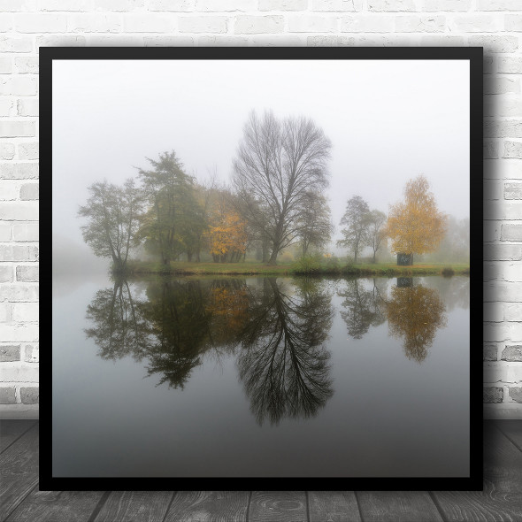 Autumn Mist Over Lake Tree Reflection Nature Square Wall Art Print