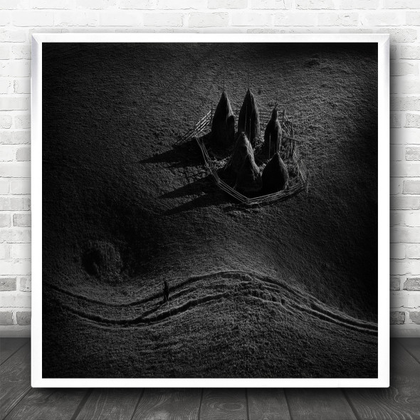 Black And White Agriculture Harvesting Field Square Wall Art Print