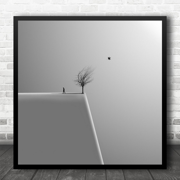 White And Black Minimal Tree Silhouette Man Square Wall Art Print