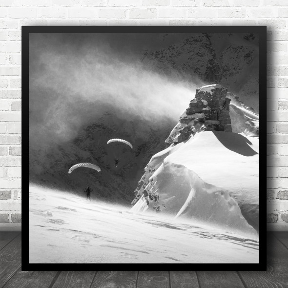 Black And White Snowy Mountain Parachuting Square Wall Art Print