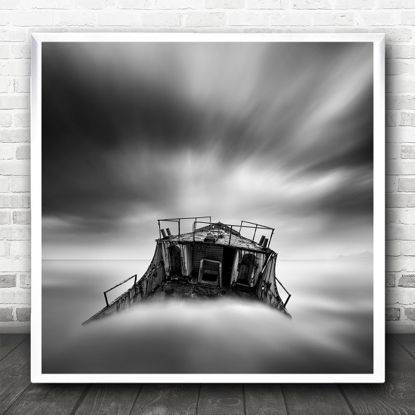 Black And White Mist Boat Wreck Abandoned Square Wall Art Print
