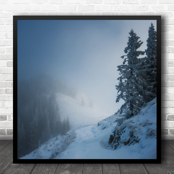 Tree Winter Slope Snow Cold Fog Mist Haze Square Wall Art Print