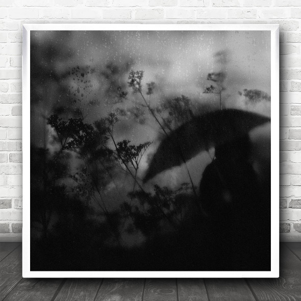 Black And White Mood Woman Umbrella Rain Square Wall Art Print