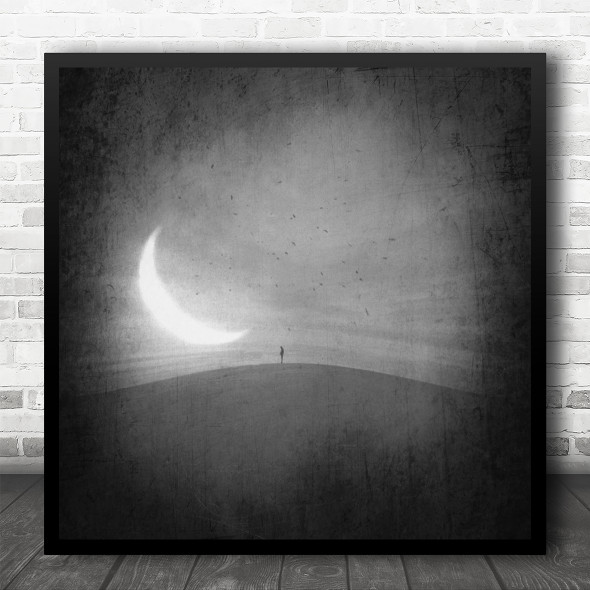 Grain Moon Black And White Lonely Figure Square Wall Art Print