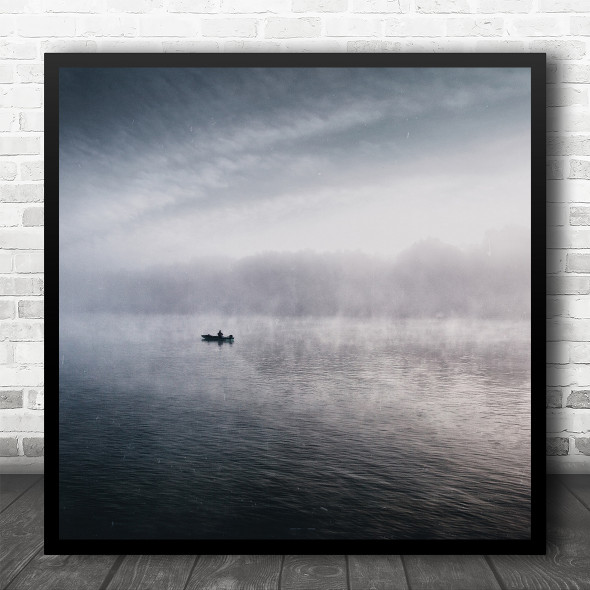 Landscape Fishing Fisherman B&W Fog Mist Square Wall Art Print