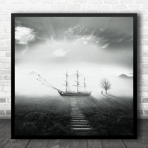 Sailboat Sail Maritime Dream Black White Square Wall Art Print