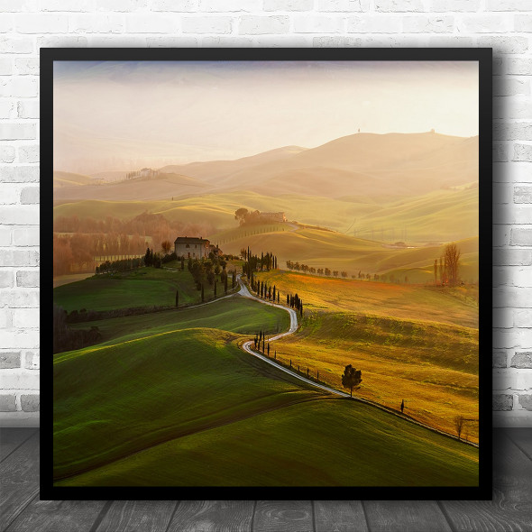 Contrast Field Sunrise Lonely Road Dawn Square Wall Art Print