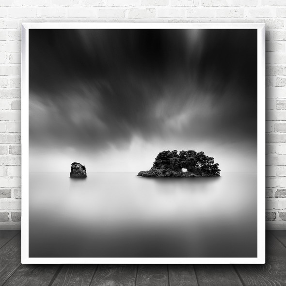 Black And White Seascape Island Lonely Square Wall Art Print