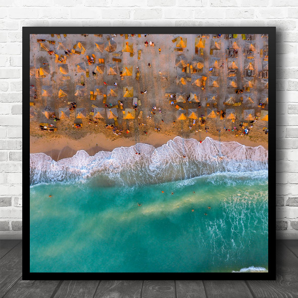 Drone Sunrise Ocean Coast Beach Huts Square Wall Art Print