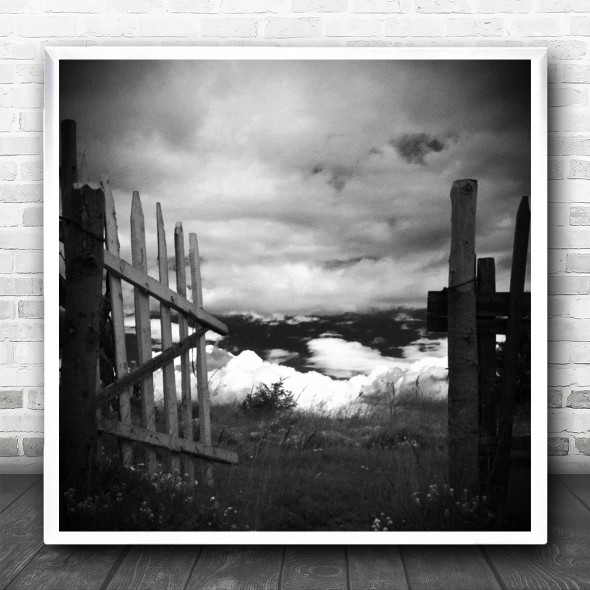Black And White Isolated Gate Field Square Wall Art Print