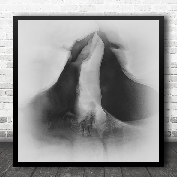 Black White Blurry Horse Smudged Square Wall Art Print