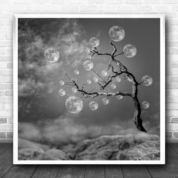 The Moon Tree Black White Foggy Square Wall Art Print