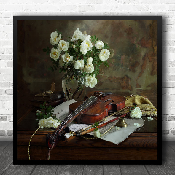 Still Life Violin Instrument Violins Flower Bouquet Music Square Wall Art Print