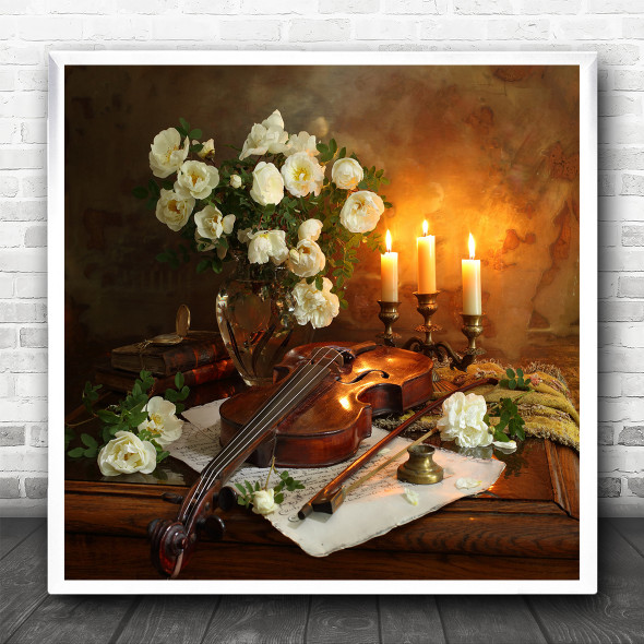 Violin Instruments Traditional Classic Candles Square Wall Art Print