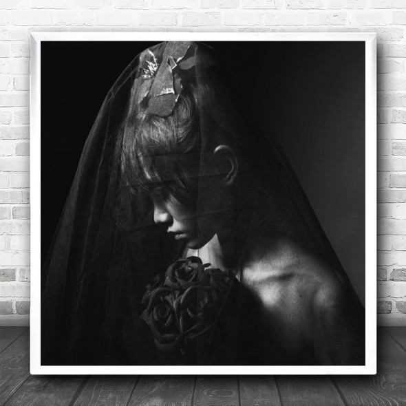 Rose Black Sorrow Sad Flowers Portrait Woman Person Dark Square Wall Art Print