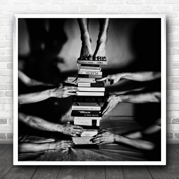 Conceptual B&W Black White Feet Hands Jenga Game Shadow Books On Square Print