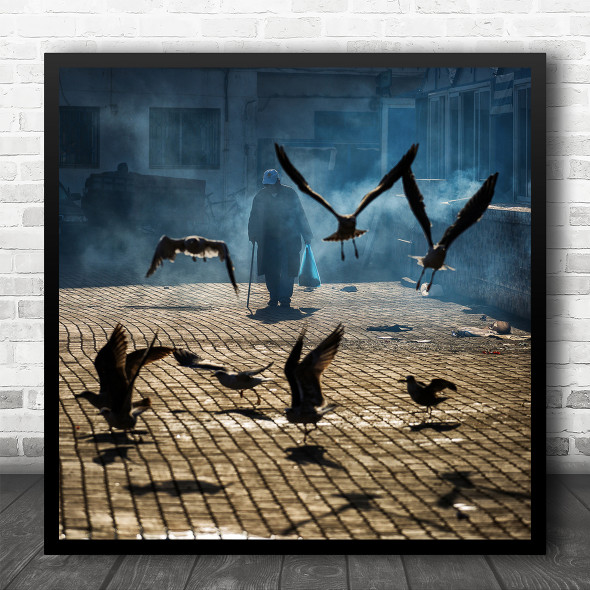 Street Birds Alley Stick Cane Man Bag Old Town Walking Square Wall Art Print