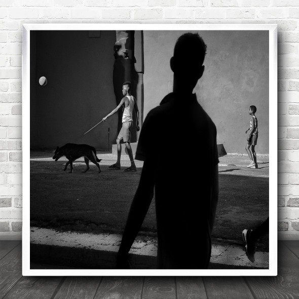 Black And White Street Childhood Dog Walking Playing Square Wall Art Print