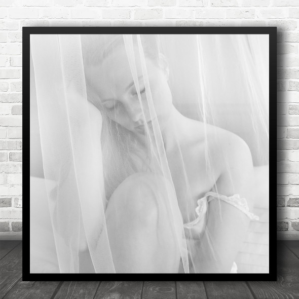 Black And White Portrait Woman Net Curtain Minimal Square Wall Art Print