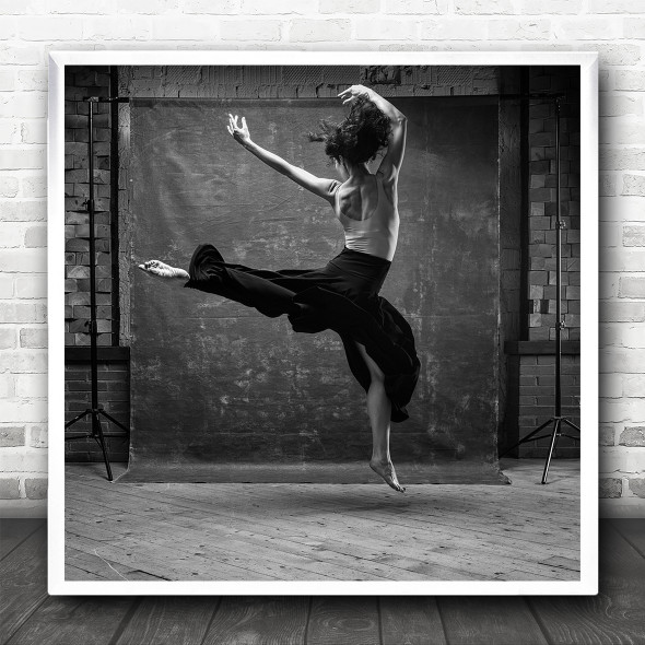 Dancer Jump Leap Flight Gravity Black And White Square Wall Art Print