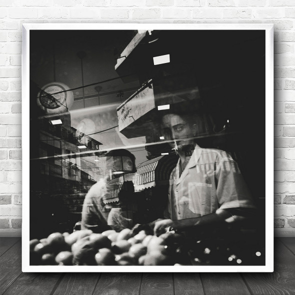 Black And White Still Life Shop Window Selling Square Wall Art Print