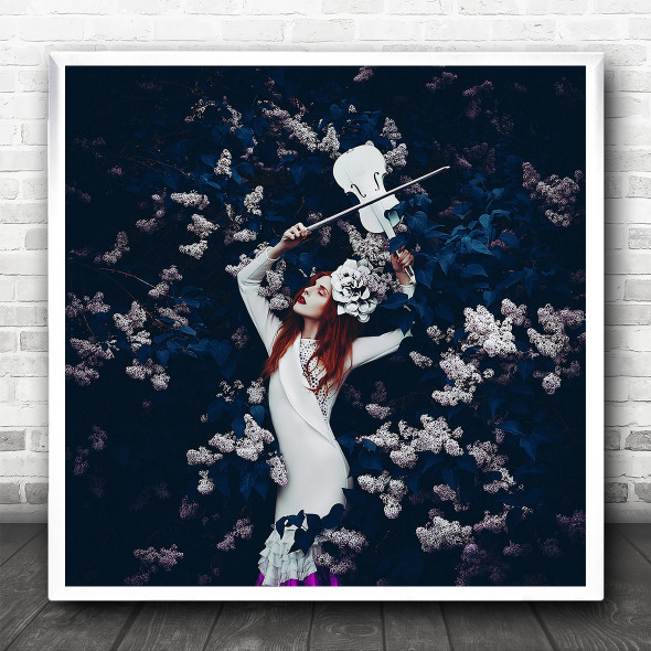 Portrait Woman Model Violin Blue White Flowers Square Wall Art Print