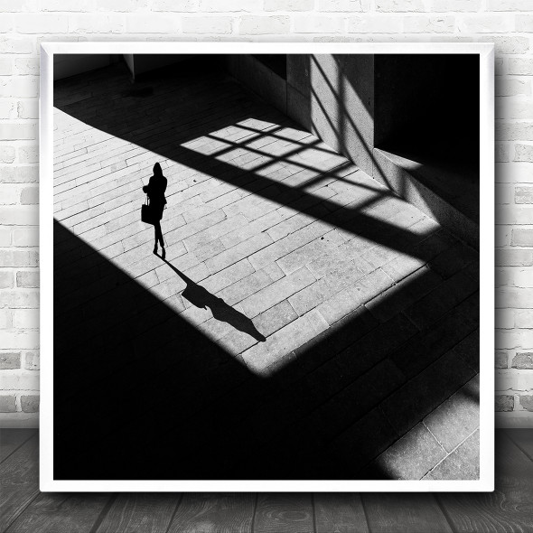 Black White Person Silhouette Shadow Walking Square Wall Art Print