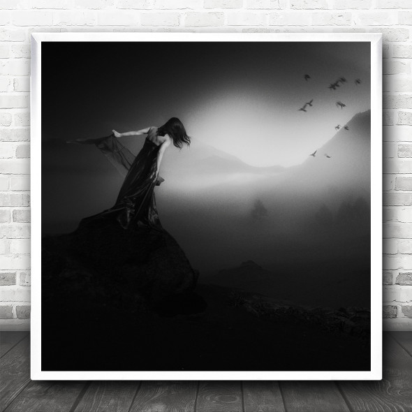 Dark Black And White Landscape Woman Concept Square Wall Art Print