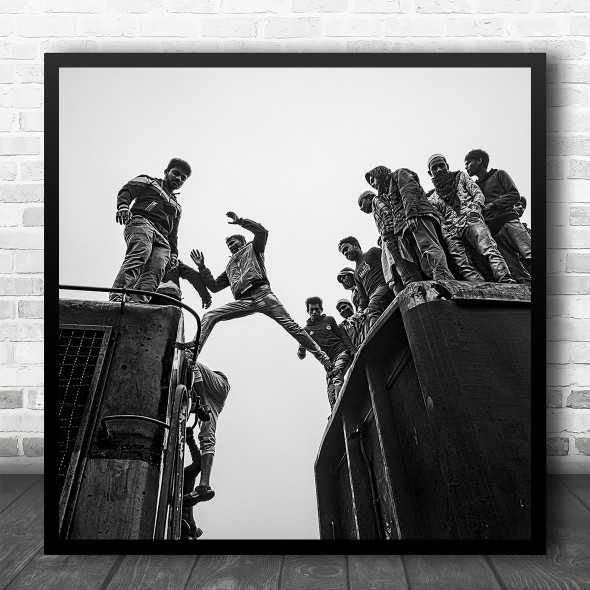 Black And White Jumping Train To Train Life Square Wall Art Print