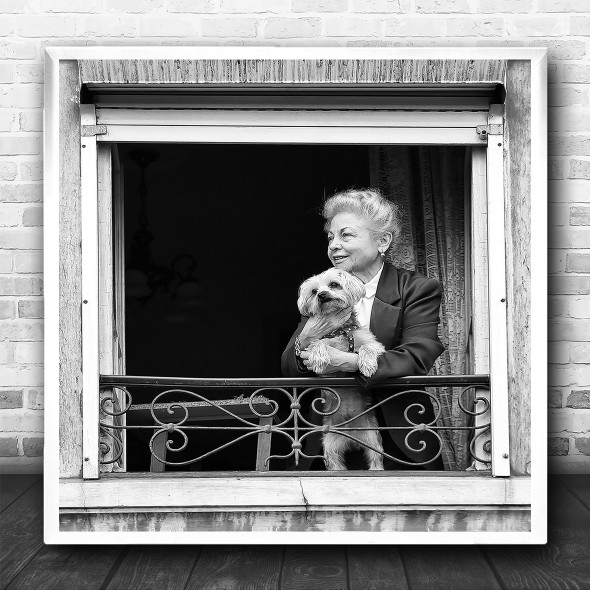 Dog Window Pets Old Lady Street Black White Square Wall Art Print