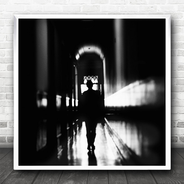 Black And White Silhouette Hallway Walking Square Wall Art Print
