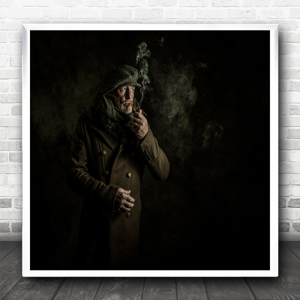 Dark Portrait Man Smoking Pipe Trench Coat Square Wall Art Print