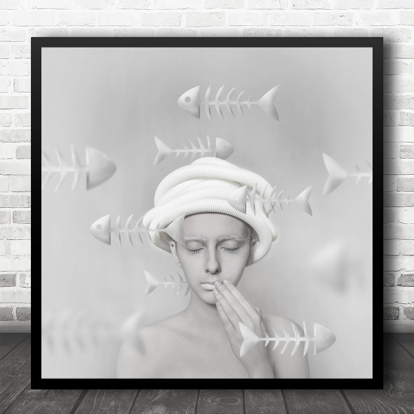 White Concept Portrait Woman Fish Skeleton Square Wall Art Print