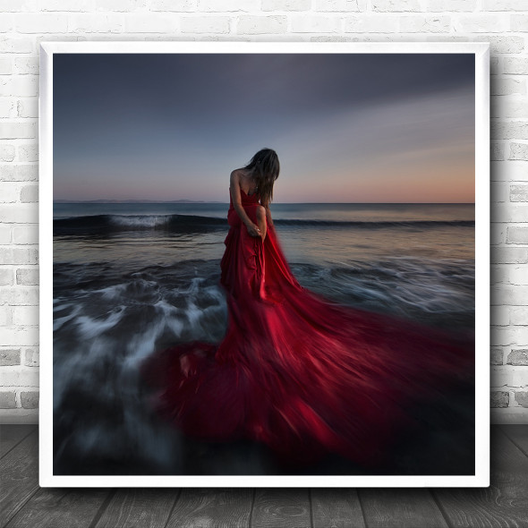 Landscape Portrait Ocean Red Dress Woman Square Wall Art Print