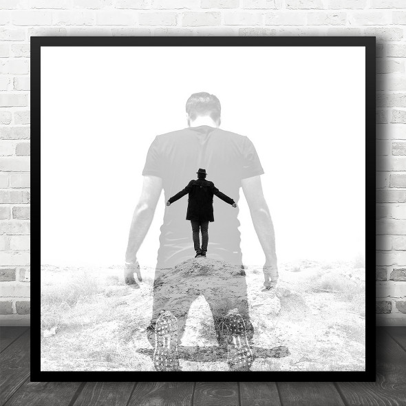 Black And White Conceptual Figure Kneel Square Wall Art Print