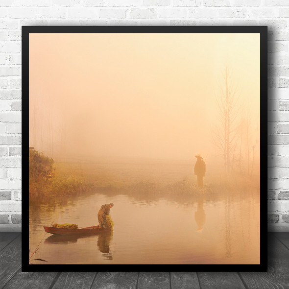 Sunset Dusk Landscape Lake Fishermen Square Wall Art Print