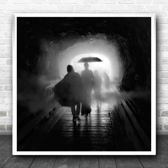 Black And White Cave Tunnel Walking Square Wall Art Print