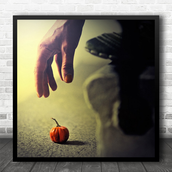 Hand Grabbing Small Pumpkin Dark Square Wall Art Print