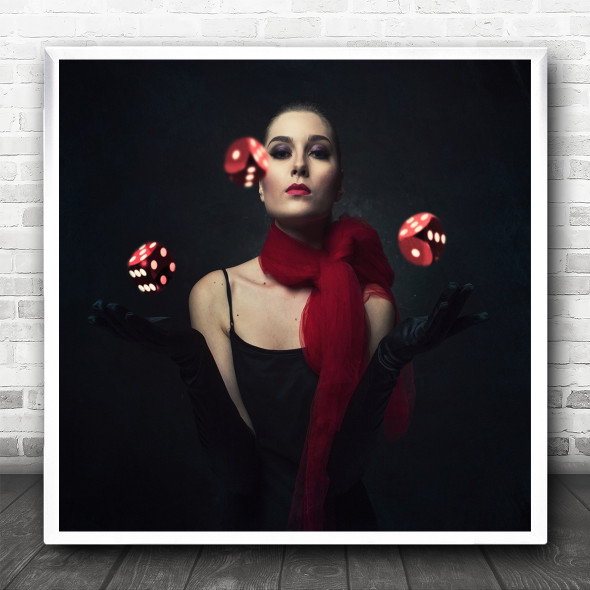 Red Dice Gambling Portrait Woman Square Wall Art Print