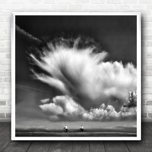 Sky Clouds Bikers Belgium Oostende Bike Bicycle Bicyclist B&W Square Art Print