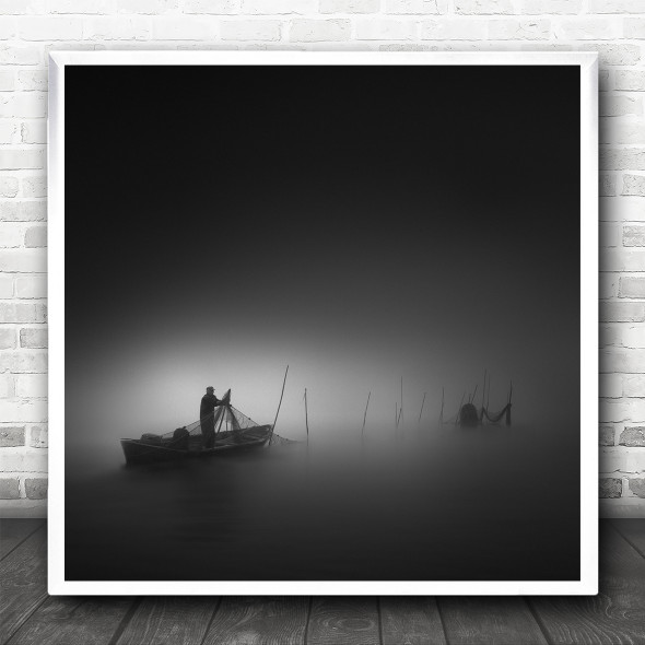 Black And White Fog Sea Boat Fishing Net Water Lake Square Wall Art Print