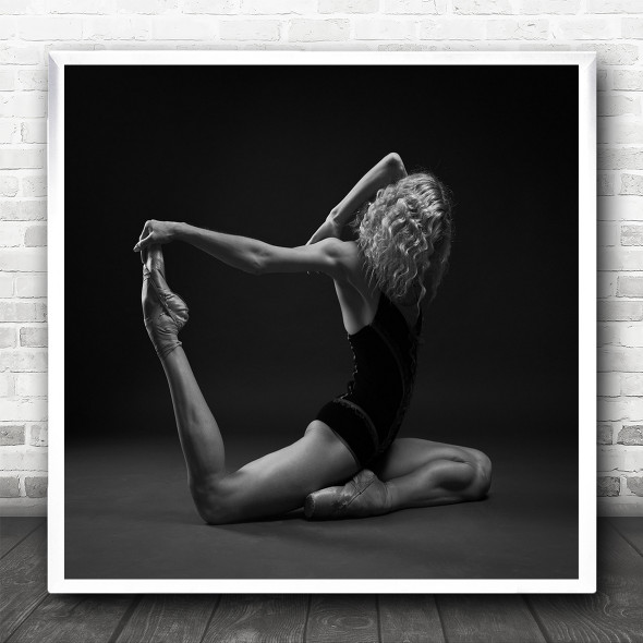 Black And White Ballet Dancer Stretching Movement Square Wall Art Print