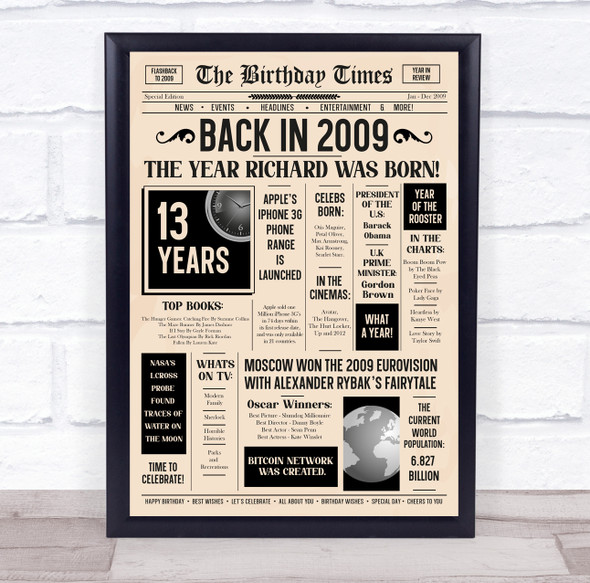 2009 Newspaper Any Age Any Year You Were Born Birthday Facts Personalised Print