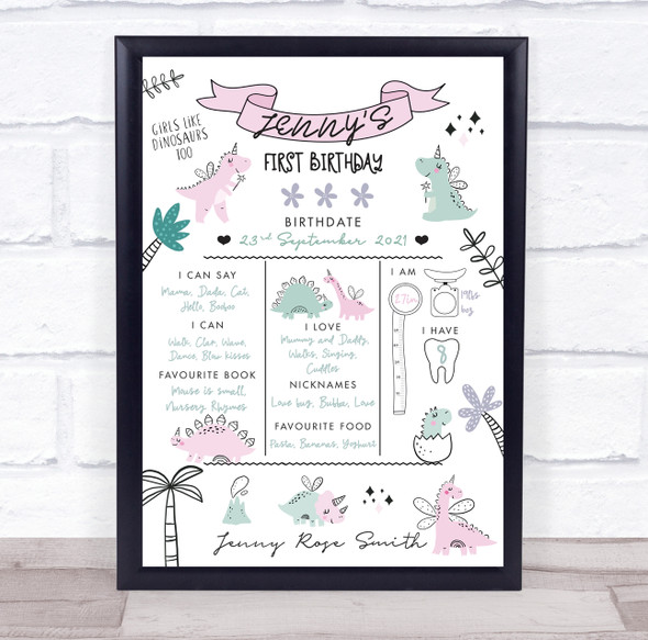 1st Birthday First Year Baby Milestones Interests Girl Dinosaurs Print