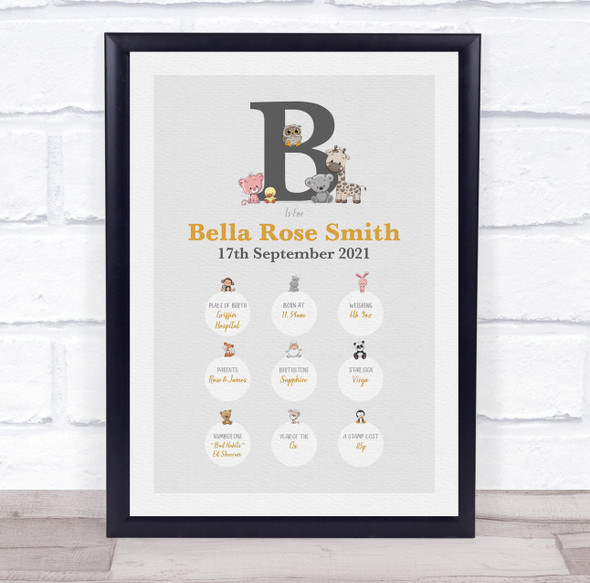 New Baby Birth Details Christening Nursery Animals Initial B Keepsake Gift Print