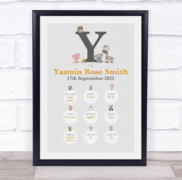 New Baby Birth Details Christening Nursery Animals Initial Y Keepsake Gift Print