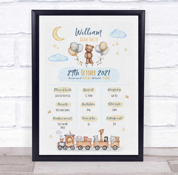 New Baby Birth Details Christening Nursery Cute Bear Train Keepsake Gift Print