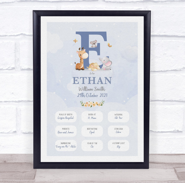 New Baby Birth Details Christening Nursery Blue Initial E Keepsake Gift Print